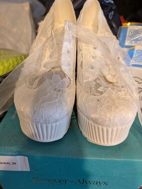 New In Box Forever And Always White Lace, Pearls, & Sequin Decoration Shoes